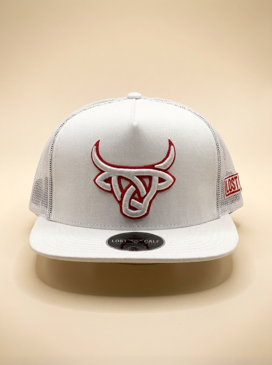 Lost Calf Brand #6 White and Red Bull Logo Trucker Cap #6