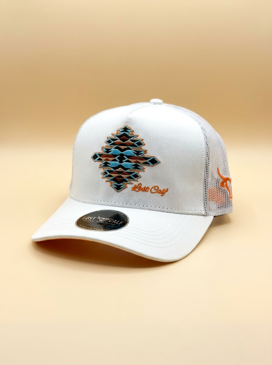 Lost Calf Brand #10 White Trucker Hat with Southwestern Diamond Embroidery