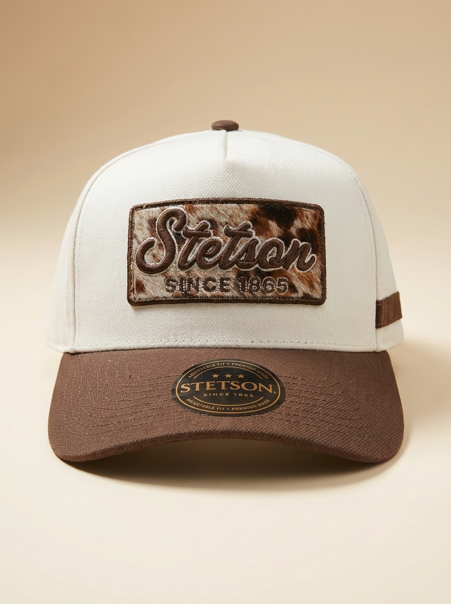 Stetson Cowhide Patch Trucker Cap in Off-White and Brown