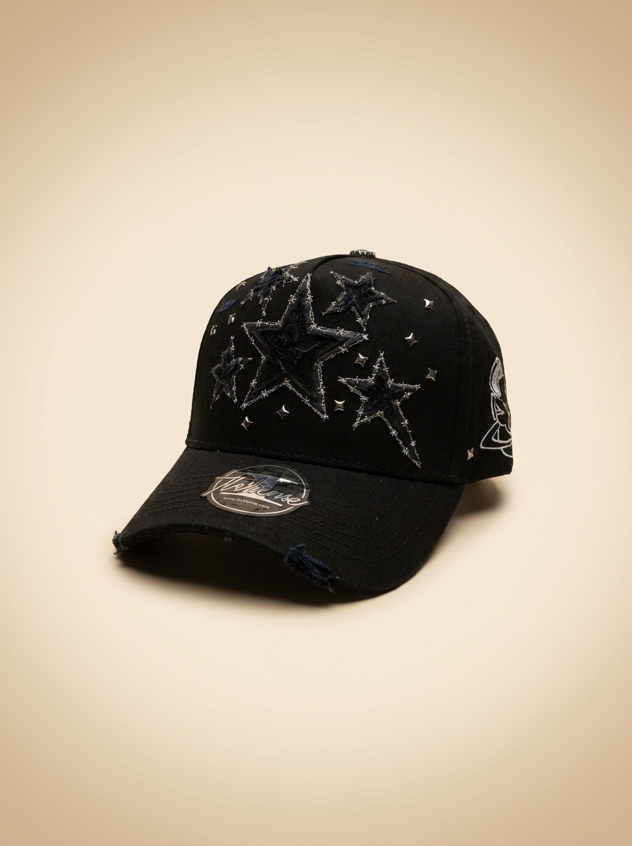 Italiense Caps #97 Black Distressed Star Studded Cap