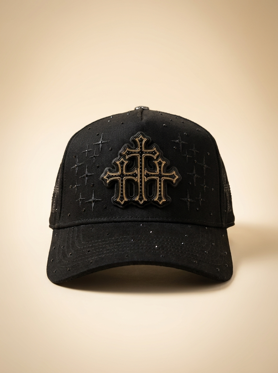 Italiense Caps #102 Black Gold Triple Cross Trucker Hat