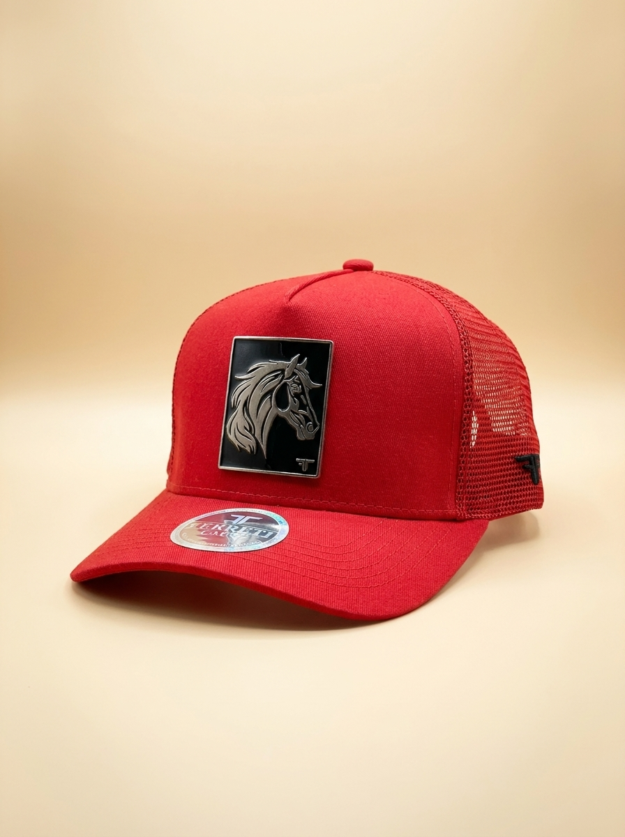 Ferreti Caps #29 Red Trucker Hat with Silver Horse Emblem