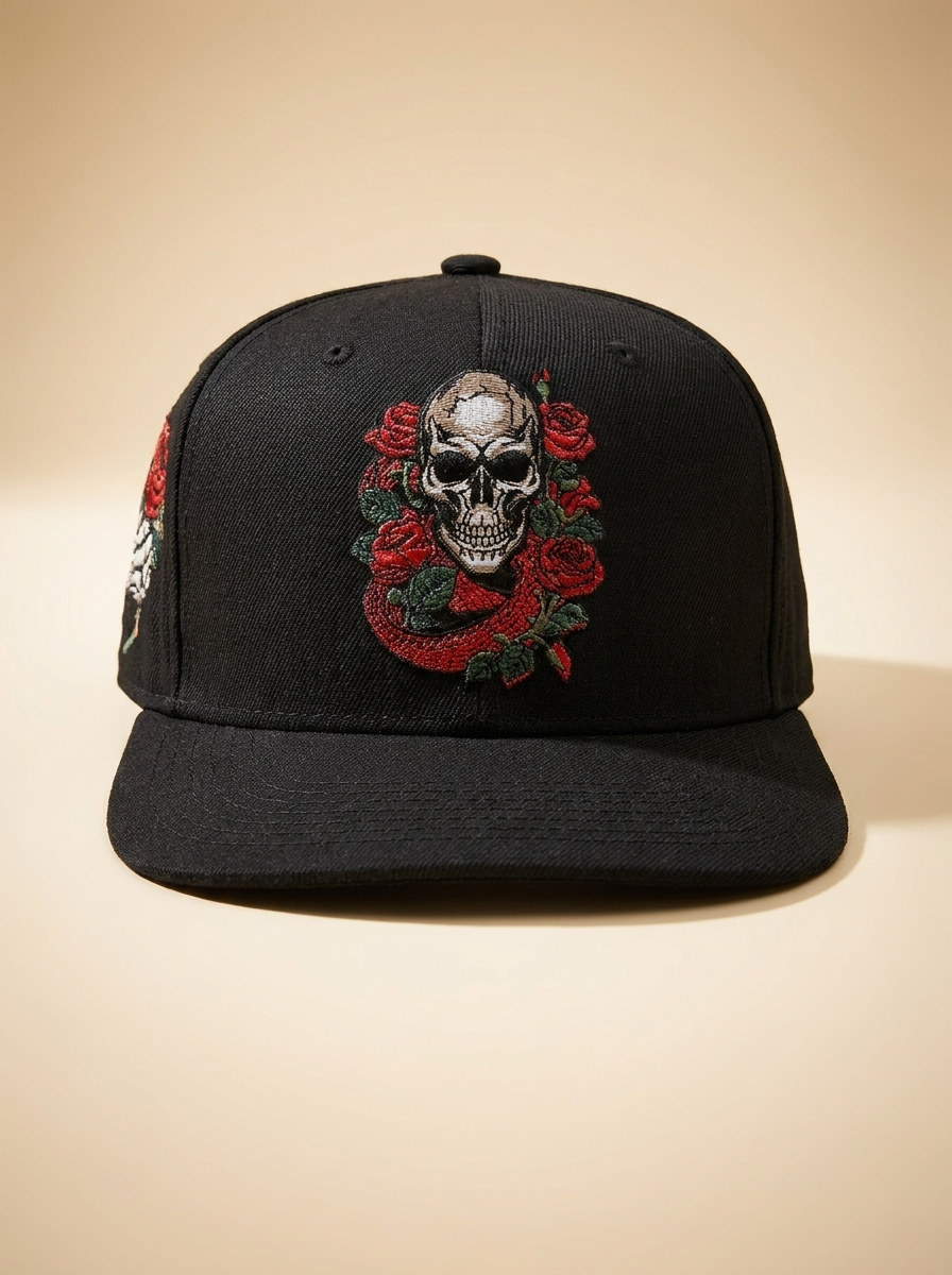 Ferreti Caps #39 Black & Red Skull and Roses Snapback