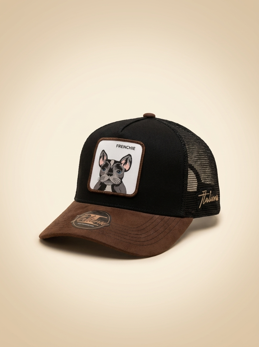 Italiense Caps #42 Frenchie Trucker Hat in Black and Brown
