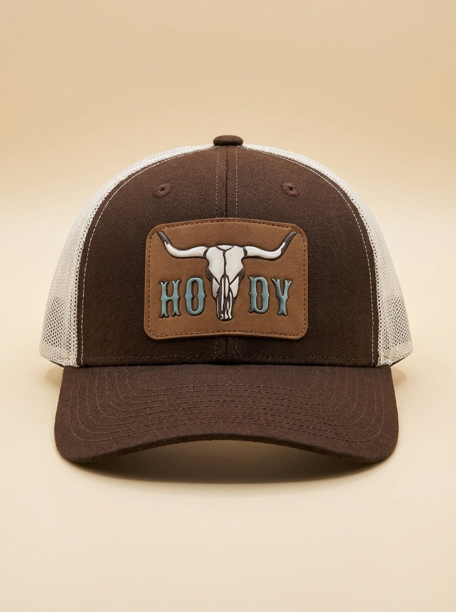 Nu Trendz Brown and Beige Howdy Bull Skull Trucker Cap #76