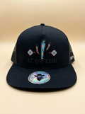 De Rancho Caps #75 Black Trucker Hat with Blue Saguaro Cactus Embroidery