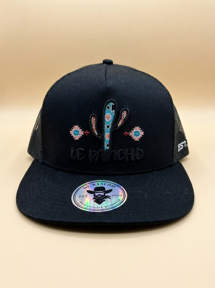De Rancho Caps #75 Black Trucker Hat with Blue Saguaro Cactus Embroidery