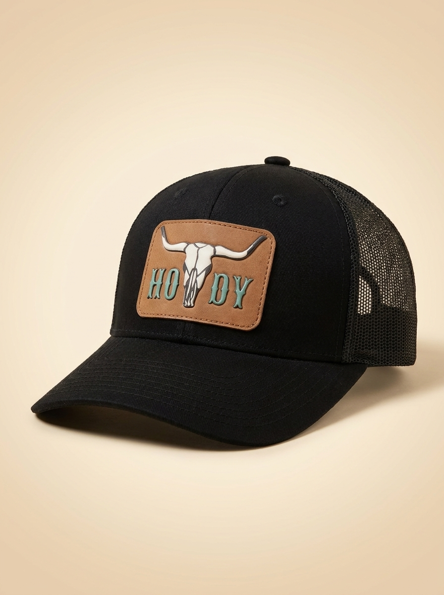 Nu Trendz Black Western Longhorn Trucker Cap with Leather Patch #60