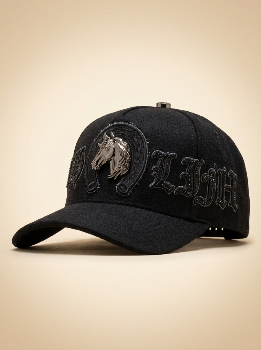 Ranch Life Felt Trucker Cap with Chrome Horsehead and Horseshoe Medallion #FT219
