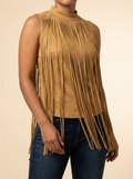 Camel Suede Sleeveless Top with Long Front Fringe #91787T