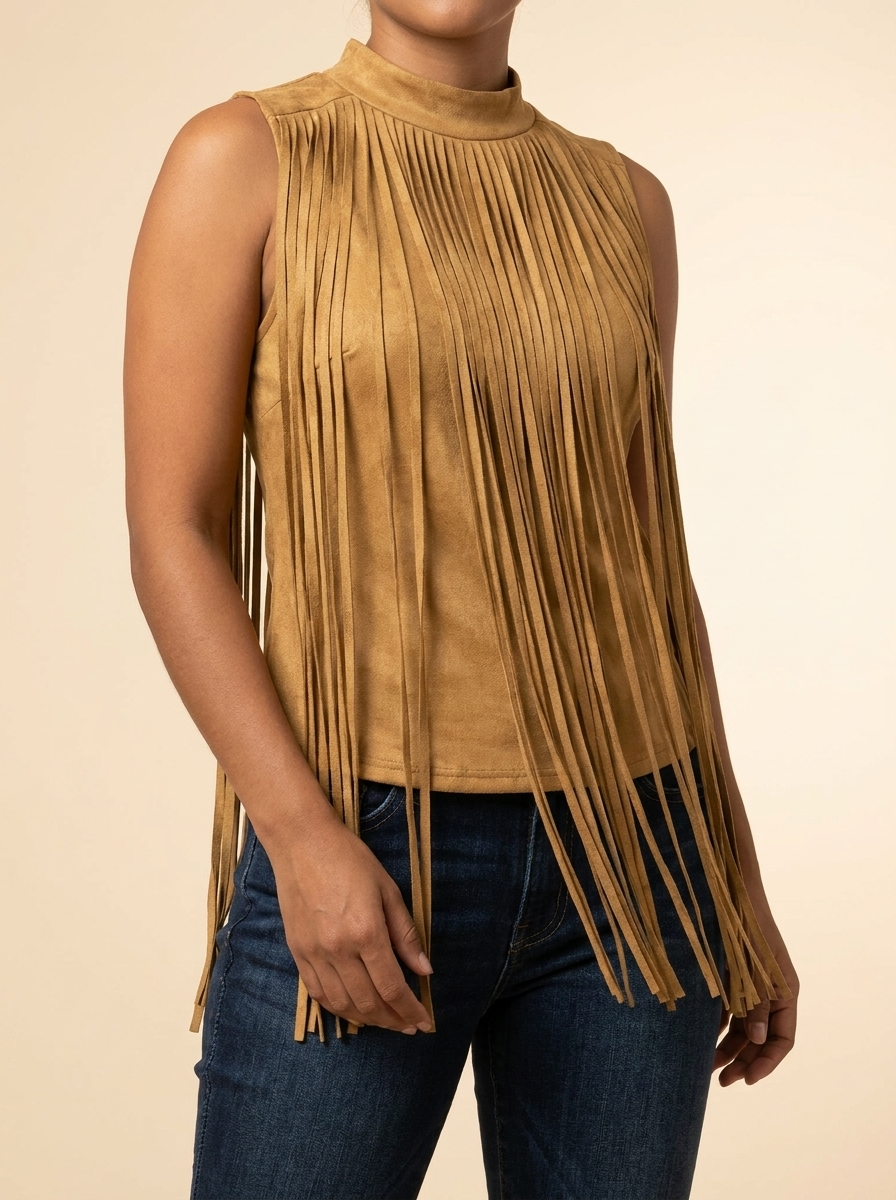Camel Suede Sleeveless Top with Long Front Fringe #91787T