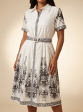 Short Sleeved Floral Damask Shirt Dress with Matching Belt #TD-4135