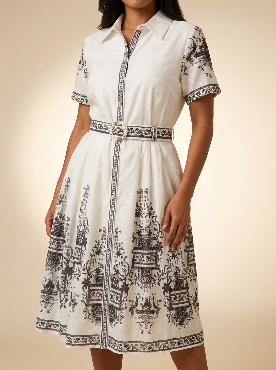 Short Sleeved Floral Damask Shirt Dress with Matching Belt #TD-4135