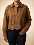 Camel Faux Suede Cropped Shacket with Scalloped Laser-Cut Hem #HF26E783