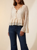 Boho Floral Lace Peplum Top with Bell Sleeves and Tassel Tie #HF26C768