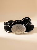 Scalloped Black Suede Western Belt with Silver Studs and Engraved Oval Buckle #MML9394SBK