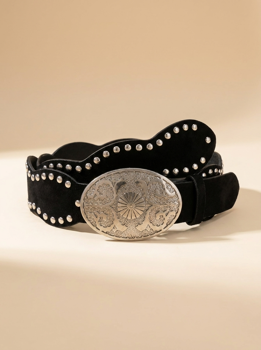 Scalloped Black Suede Western Belt with Silver Studs and Engraved Oval Buckle #MML9394SBK