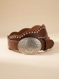 Scalloped Leather Western Belt with Silver Studs and Floral Oval Buckle #MML9394SDBR