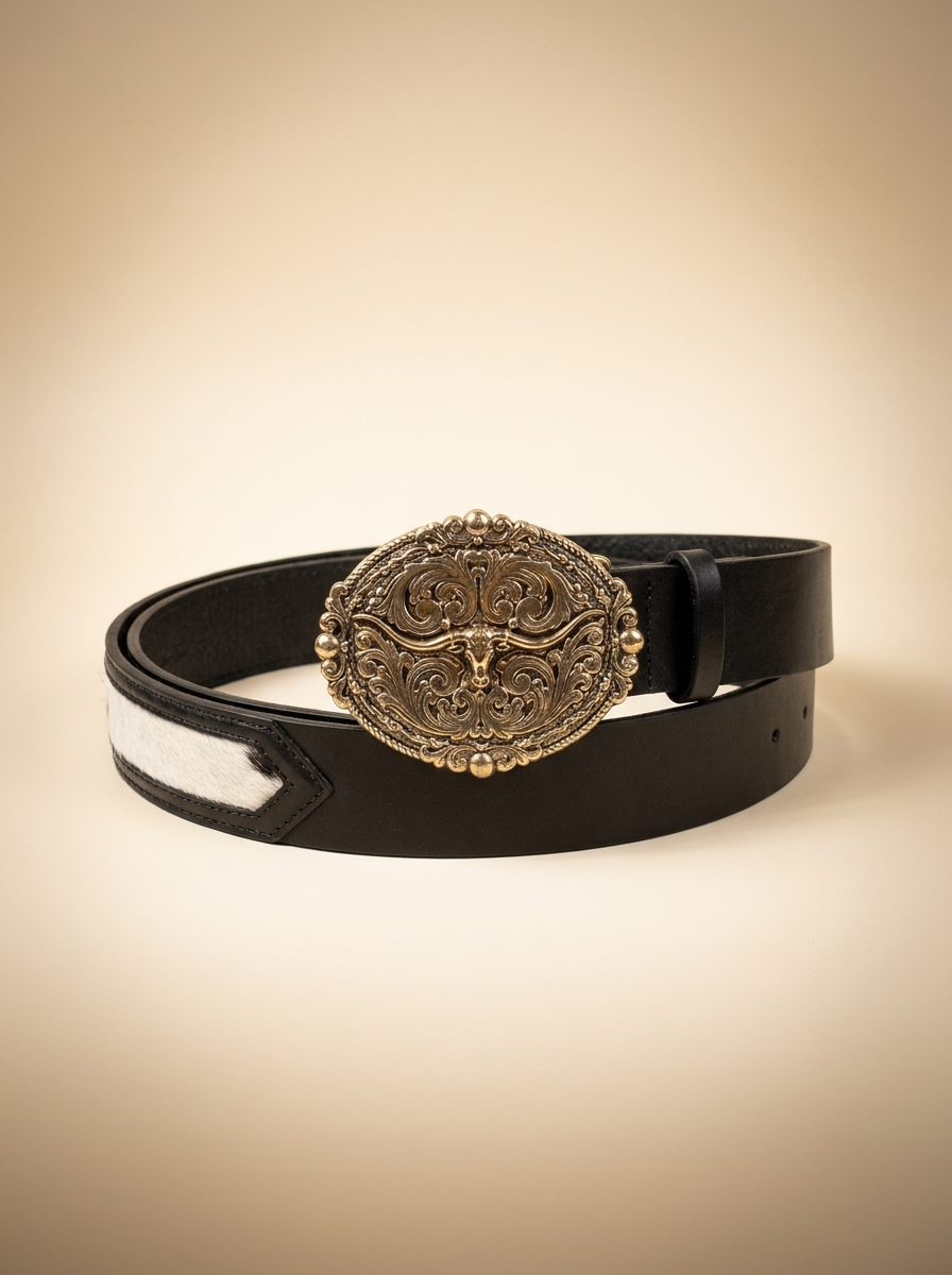 Black Leather Western Belt with Cowhide Inlay and Longhorn Filigree Buckle #MML9279GBK