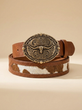 Cognac Leather & Cowhide Western Belt with Antiqued Longhorn Buckle #MML9279GBR