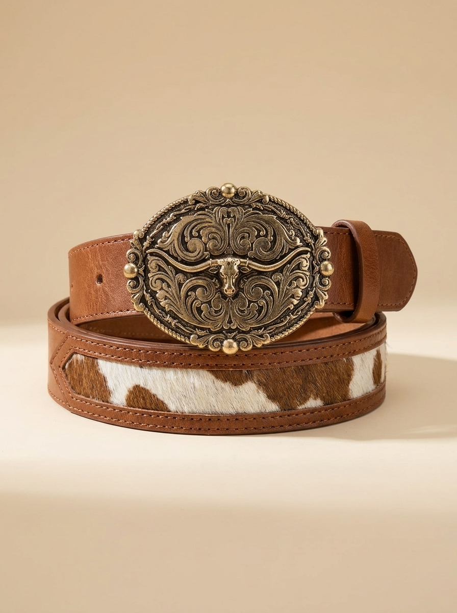 Cognac Leather & Cowhide Western Belt with Antiqued Longhorn Buckle #MML9279GBR
