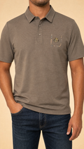 Taupe Textured Short Sleeve Polo with Plaid Trim Detail #BSP631