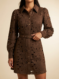 Espresso Laser-Cut Faux Suede Belted Western Shirt Dress #ZD-49392-9