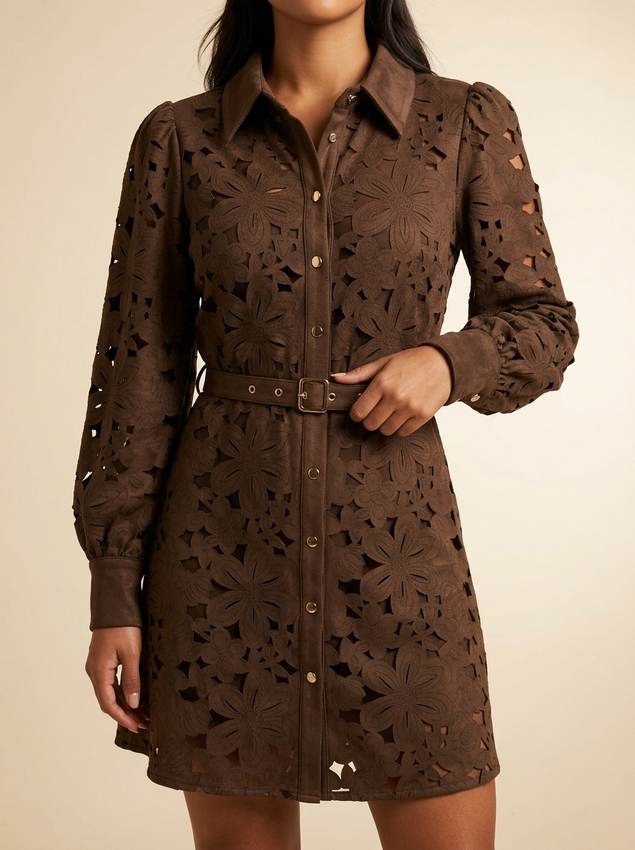 Espresso Laser-Cut Faux Suede Belted Western Shirt Dress #ZD-49392-9