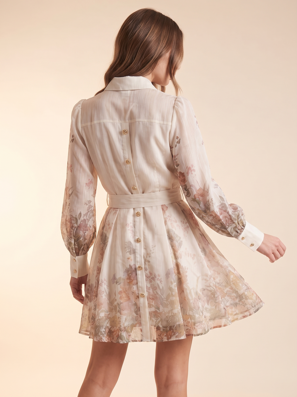 Vestido de dama Floral Puff Sleeve Mini Dress with Braided Gold Belt #ZD49461