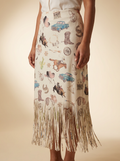 Origami Women's Vintage Western Motif Fringe Midi Skirt