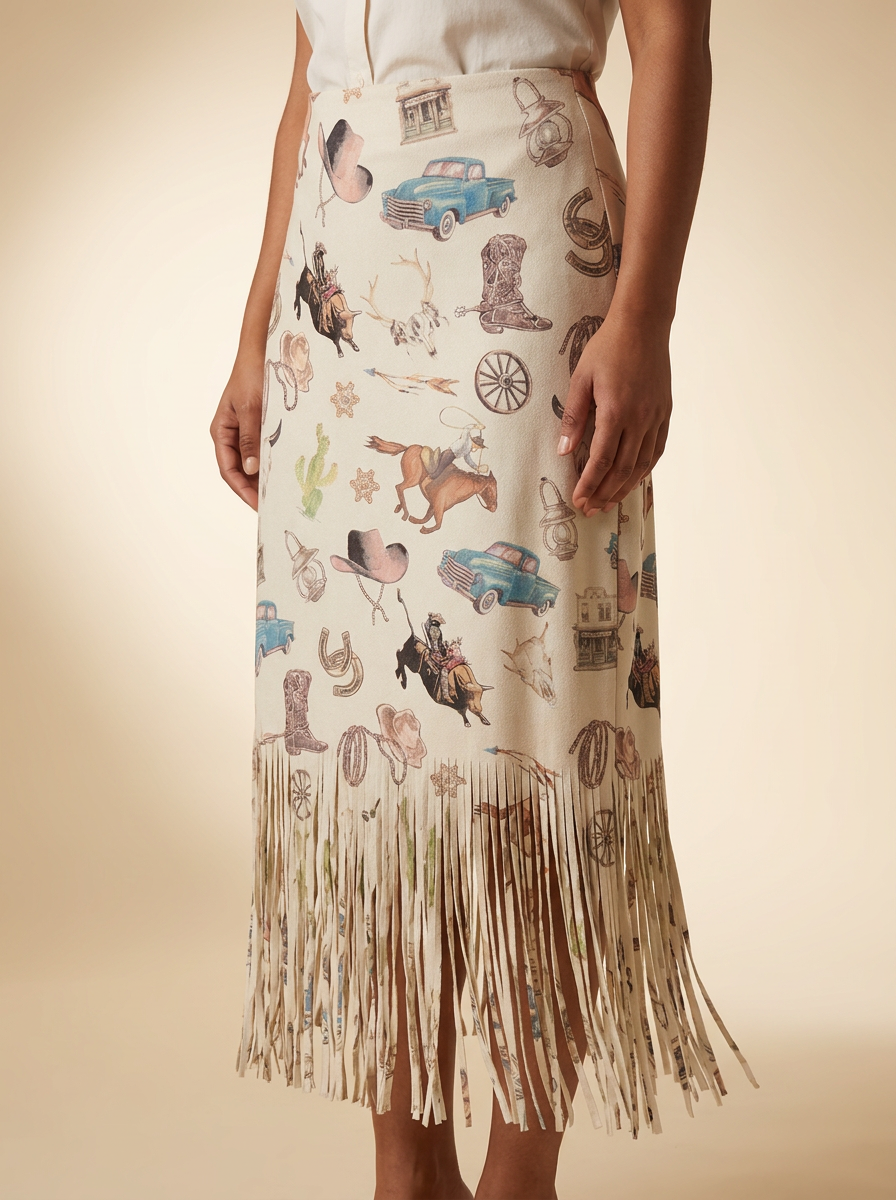Origami Women's Vintage Western Motif Fringe Midi Skirt