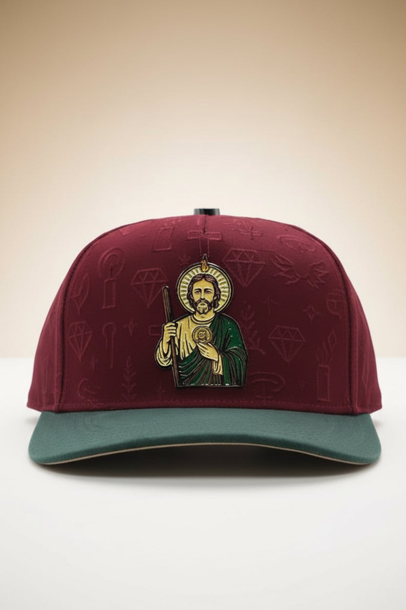 San Juditas Tadeo Two-Tone Cap with Embossed Pattern and Metal Plate #FT172